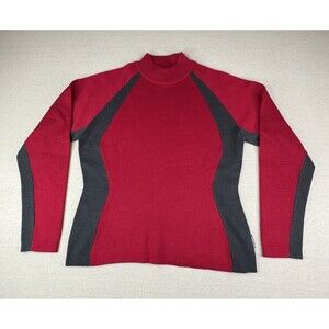 Vtg Obermeyer Taylor Women L Wool Ski Sweater Red Charcoal Gray Mock Neck Retro